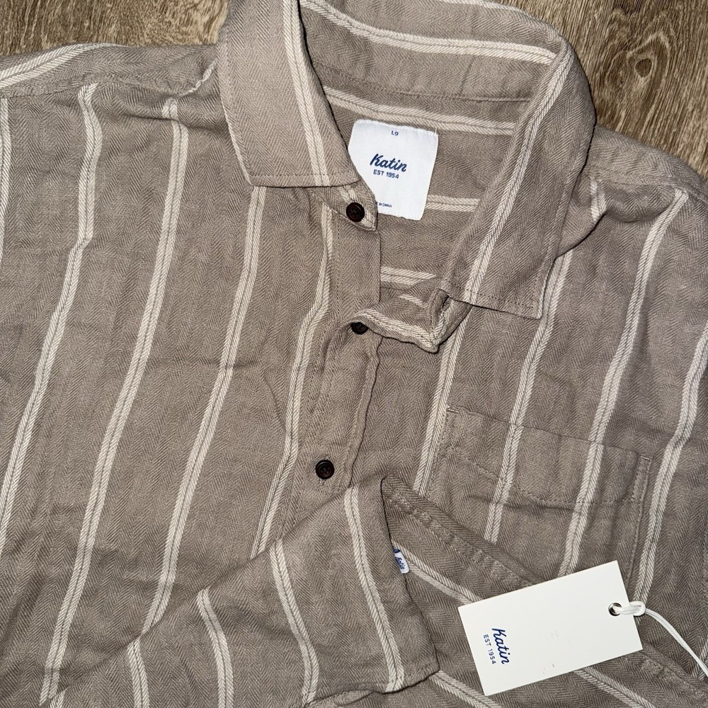 NWT Katin Alan Shoet Sleeve Shirt Vintage Khaki Men's L Linen Blend Striped